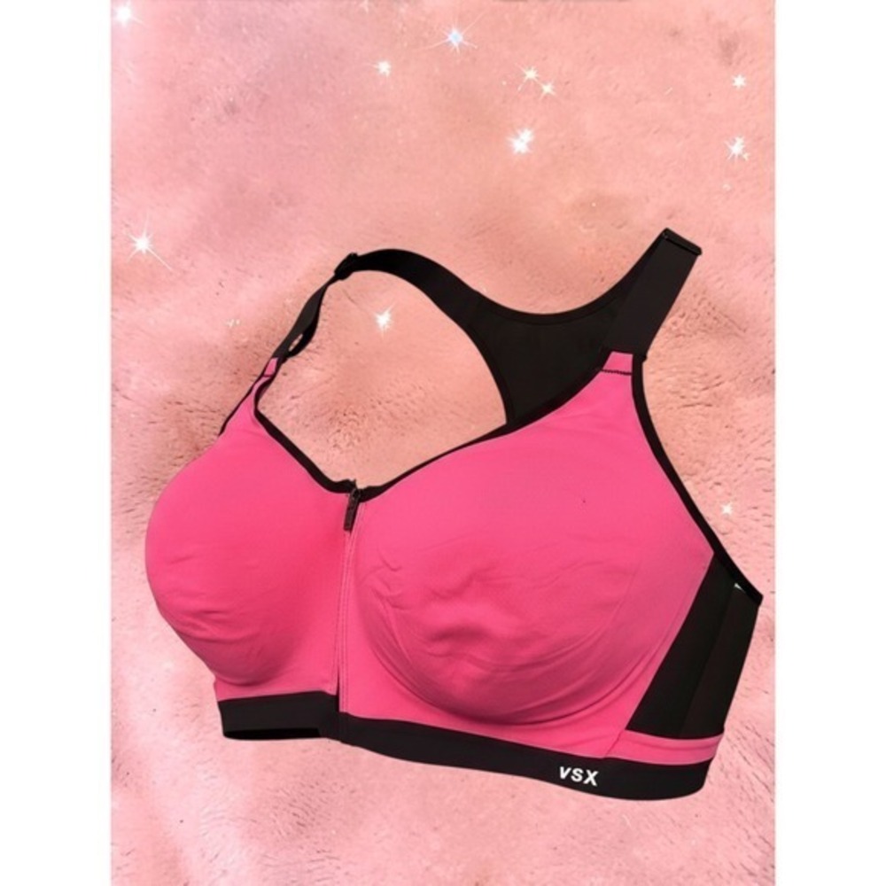 Victoria Secret VSX Knockout Front Zip Sports Bra Pink Black 38DDD High Impact - Picture 2 of 3